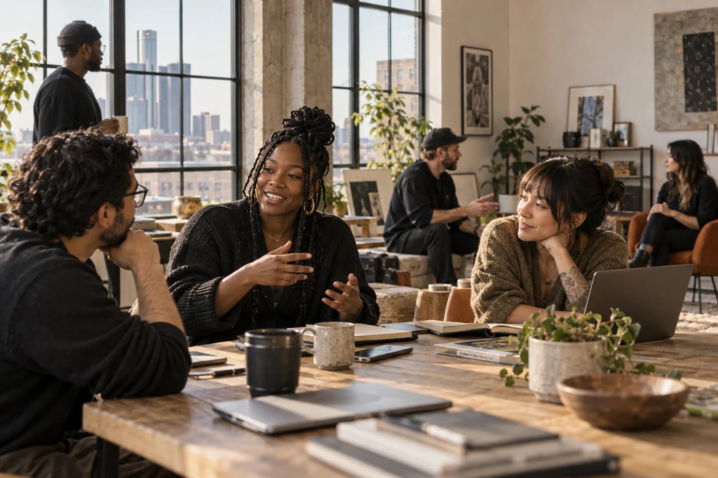 Professionals sharing a conversation around a table in a sunlit studio